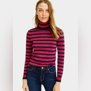 J CREW Turtleneck Sweater Sparkle Stripe Navy Blue Pink Knit Shimmer Top XXS